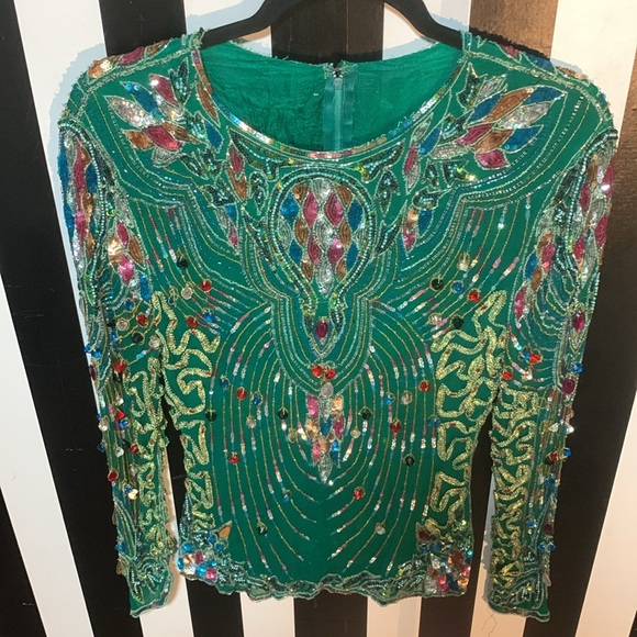 1980s Vintage Fully Embellished Sequin/Silk Emerald Green Long Sleeve Top Small - Picture 16 of 17
